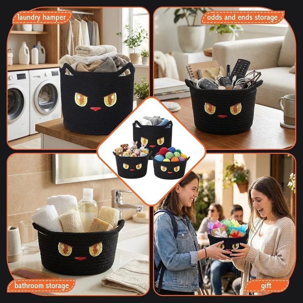 Acellegic 3 Pcs Black Cat Toy Basket with Cute Ears Cotton Rope Woven Baskets